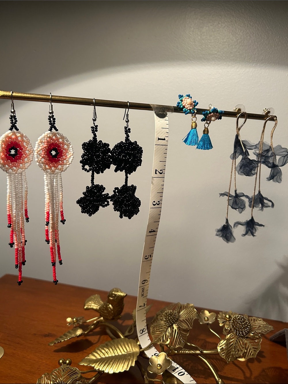 Handmade Beaded Dangle Earrings - Coral, White & Black (4 sets)